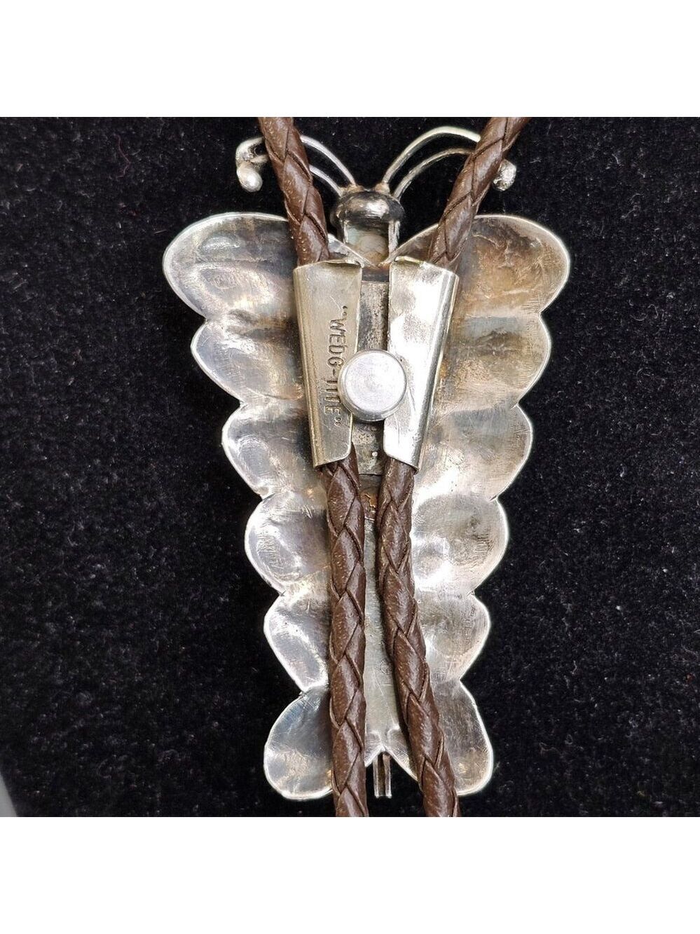 Navajo Turquoise Sterling Silver Bolo Tie Large Butterfly Signed HW. USA - Picture 7 of 12